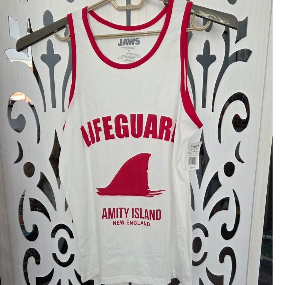 JAWS Movie Lifeguard Amity Island Tank Top Men’s Xtra Large White Red Shark NWT